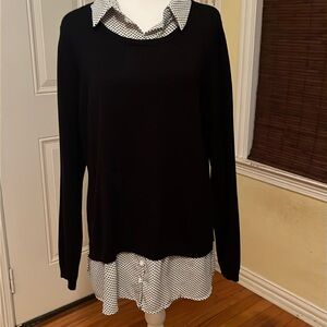 Mixed media black sweater , polka dot collar and shirt bottom.